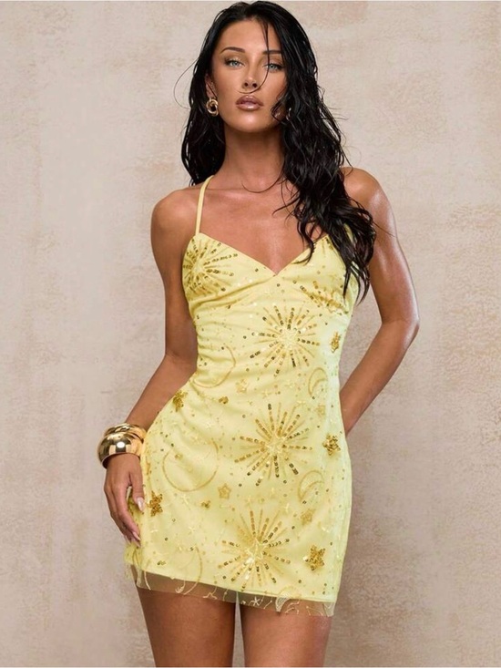 Dresses & Skirts - Yellow Spaghetti-Strap Sequin Mini Dress(new)